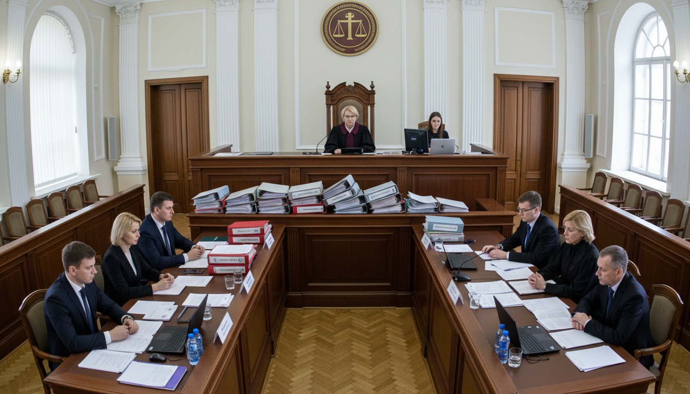 Судебный зал, судья за столом, папки с медицинскими документами, участники заседания