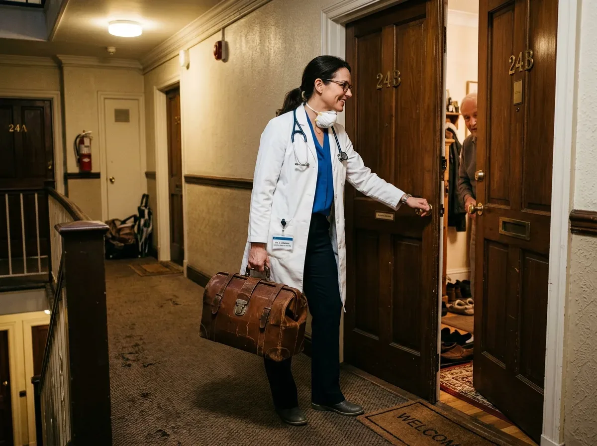 врач в белом халате с медицинским чемоданчиком у двери квартиры